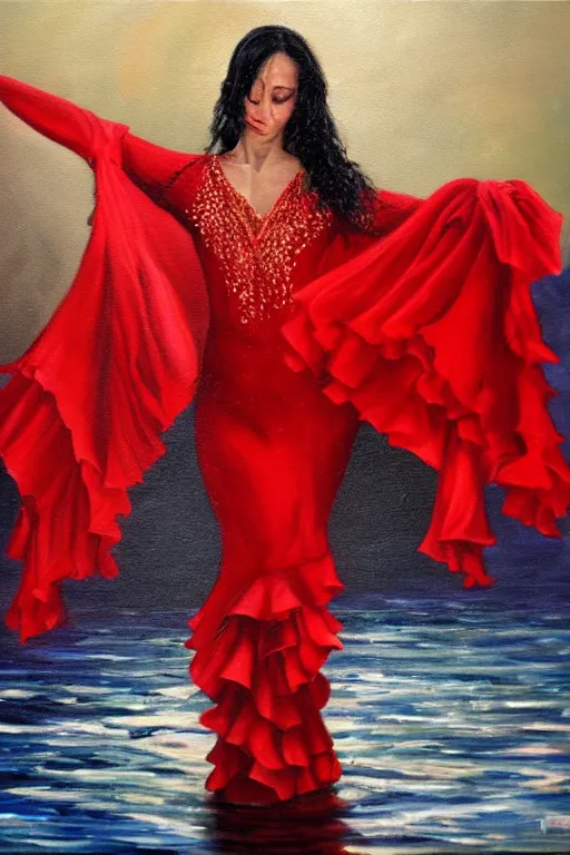 Image similar to detailed oil painting of spanish flamenco dancer standing in water, wearing a dress red dress that's floating, midnight, moon, dimly lit, looking away, dark shadows, ethereal, photo realistic, high definition, 4 k, slr