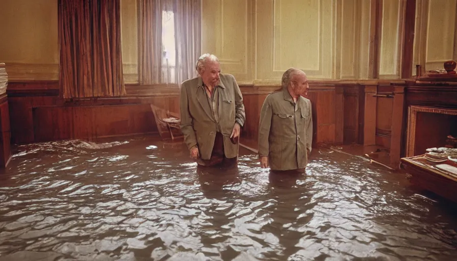 Prompt: 7 0 s movie still of an old manstanding in a soviet stalinist style palace flooded in water, eastmancolor, heavy grain, high quality, high detail