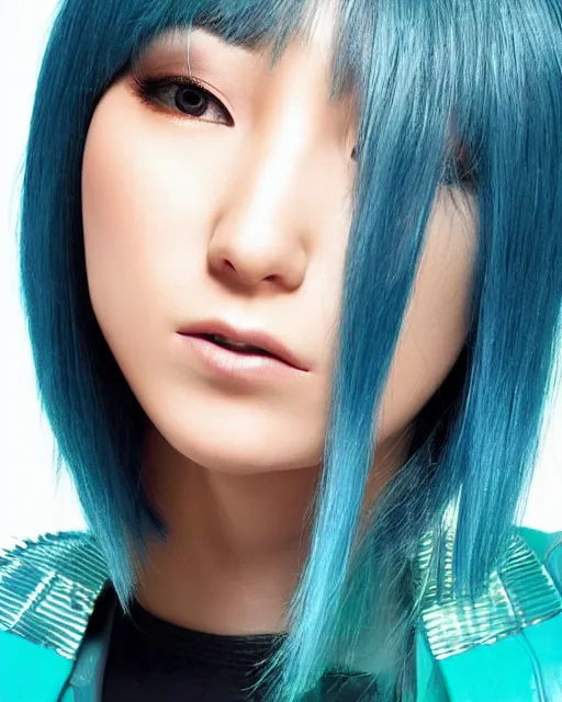 Image similar to Hyper realistic Portrait of a beautiful Japanese Cyberpunk girl, glowing teal hair bob haircut, bangs, Spiked blue leather jacket