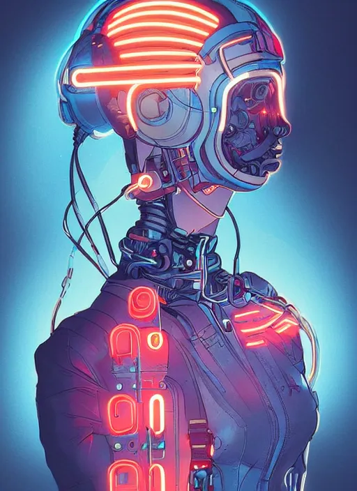 Prompt: portrait of a cyborg humanoid girl with mechanical and electronic element, denim jacket surrounded by neon light, illustrated by Artgerm and Michael Whelan and Laurie Greasley, highly detailed, trending on artstation