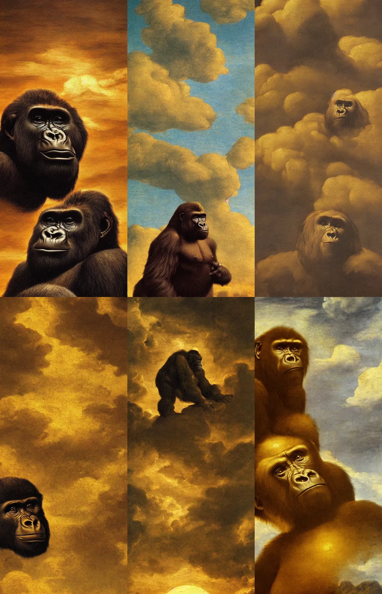 Prompt: gorilla, golden hour, clouds, beautiful painting by leonardo da vinci, amoled wallpaper