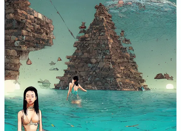 Image similar to lee jin - eun in luxurious dress emerging from turquoise water in egyptian pyramid city during an eclipse by android james, conrad roset, m. k. kaluta, martine johanna, rule of thirds, elegant look, beautiful, chic