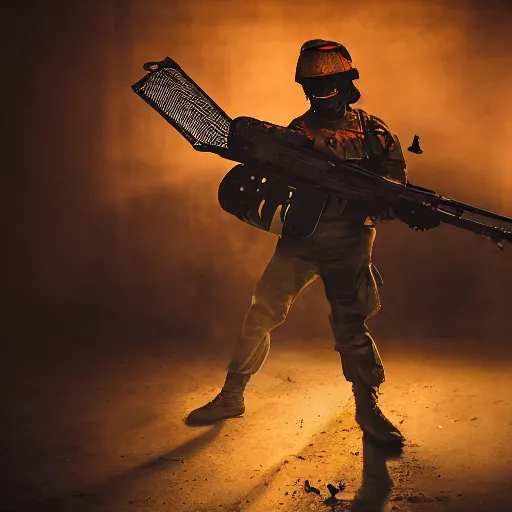 Prompt: soldier with toaster oven augmentation, dark messy smoke - filled cluttered workshop, dark, dramatic lighting, orange tint, sparks, cinematic, highly detailed, sci - fi, futuristic, movie still