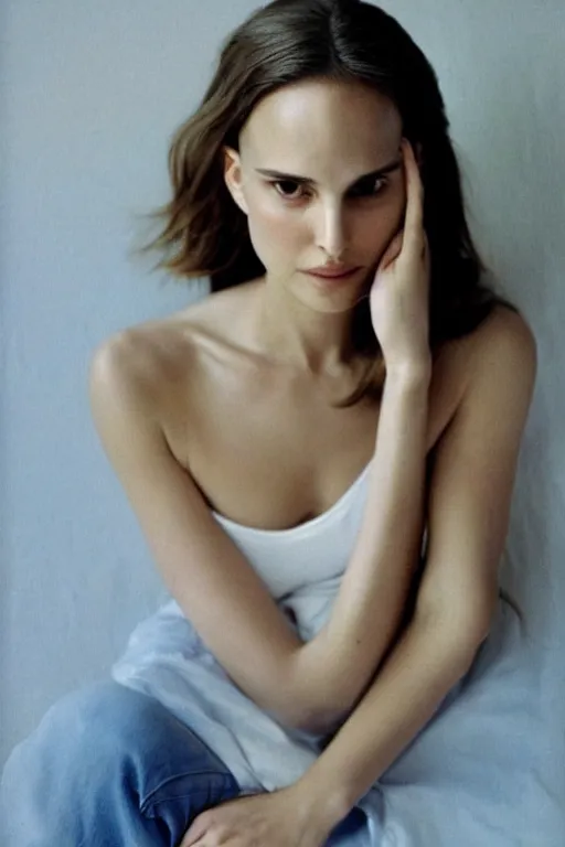 Image similar to 23 year old natalie portman, loose messy hair , thoughtful eyes, wearing a thin white skimpy cotton camisole, pale skin, poised beautiful body, symmetrical face, zen aesthetic, interior design, amber and blue color scheme, sophisticated, pensive, contemplation, meditation, aloof, ethereal, realistic painting