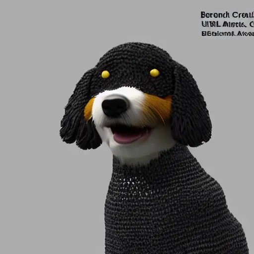 Prompt: a closeup photorealistic illustration of a smiling knitted bernedoodle judge dog dressed in a black gown, presiding over the courthouse. scales of justice and a gavel in the scene. this 4 k hd image is trending on artstation, featured on behance, well - rendered, extra crisp, features intricate detail, epic composition and the style of unreal engine.