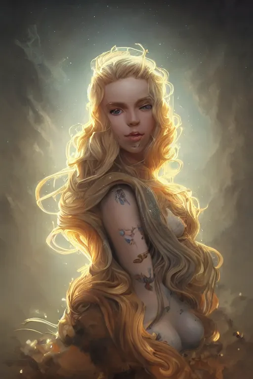 Image similar to an insanely detailed portrait of a beautiful woman facing you, highly detailed features, sparkling blue eyes, long eyelashes, long golden blonde hair, beautiful smile, in the style of peter mohrbacher, artgerm, dramatic lighting and composition, octane render, trending on artstation, concept art 8 k