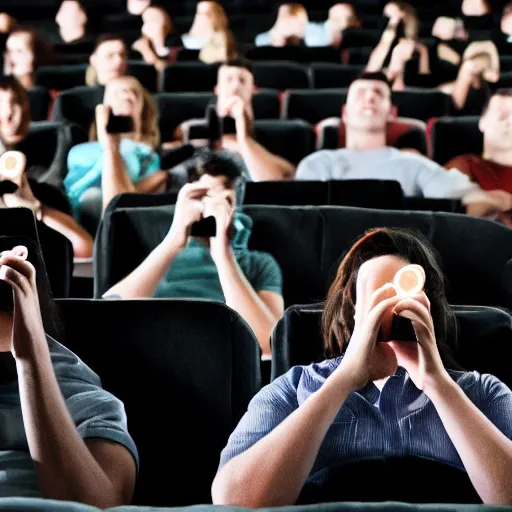 Image similar to people in a full dark movie theatre playing on their cellphones