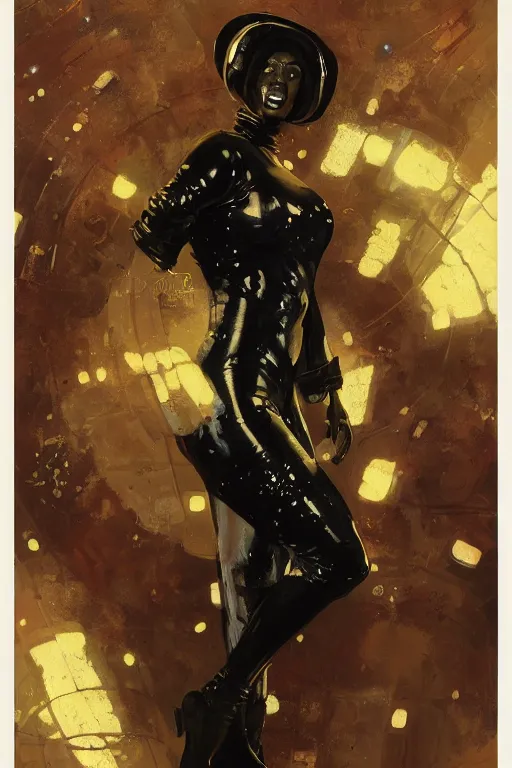 Image similar to pulp scifi fantasy illustration full body portrait of elegant black woman wearing latex spacesuit, by norman rockwell, jack kirby, bergey, craig mullins, ruan jia, jeremy mann, tom lovell, 5 0 s, astounding stories, fantasy