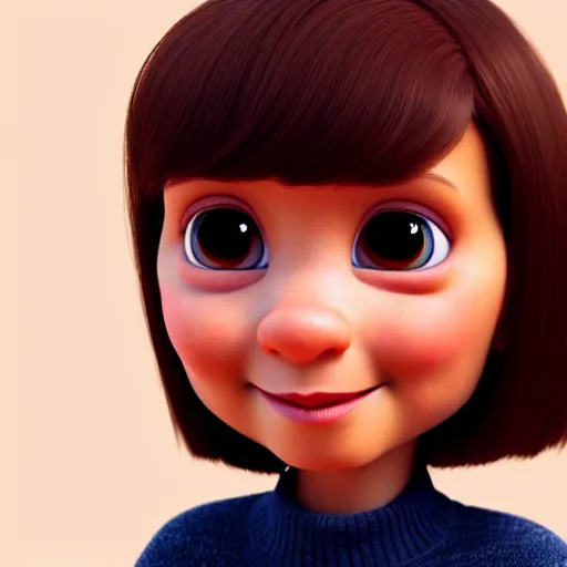 Image similar to A portrait of a mother, a cute 3d cgi toon woman with brown hair in a Bob, brown eyes, full face, olive skin, romanian heritage, medium shot, mid-shot, hyperdetailed, 8k, trending on artstation, as a Pixar character