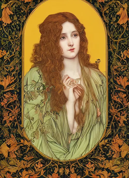 Image similar to masterpiece beautiful seductive flowing curves preraphaelite face portrait photography, ophelia extreme close up shot, straight bangs, thick set features, yellow ochre ornate medieval dress, amongst foliage mushroom forest circle arch, william morris and kilian eng and mucha, framed, 4 k