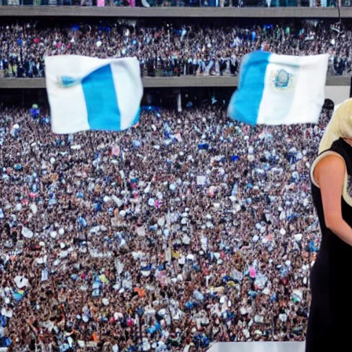 Image similar to Lady Gaga as president, Argentina presidential rally, Argentine flags behind, bokeh, giving a speech, detailed face, Argentina