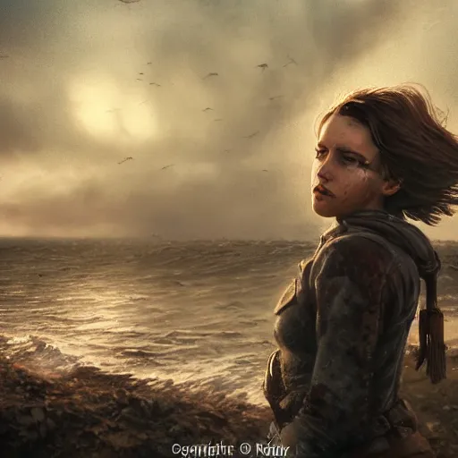 Image similar to fallout 5, charismatic beautiful rugged brunette female protagonist, portrait, outdoors coastal area with a marooned fishing boat, atmospheric lighting, painted, intricate, volumetric lighting, beautiful, daytime, sunny weather, slight overcast, sharp focus, deep colours, ultra detailed, by leesha hannigan, ross tran, thierry doizon, kai carpenter, ignacio fernandez rios