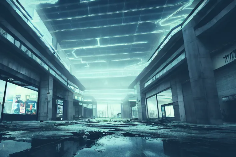 Prompt: low angle photo of a abandoned cyberpunk shopping mall, dead bodies flying, cinematic lightning, ray tracing, unreal engine, photorealistic, detailed, dark, moody, foggy, scary