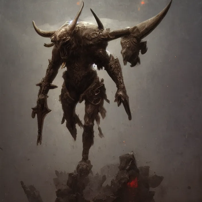 Prompt: minotaur in ancient armor concept, beksinski, ruan jia, trending on artstation