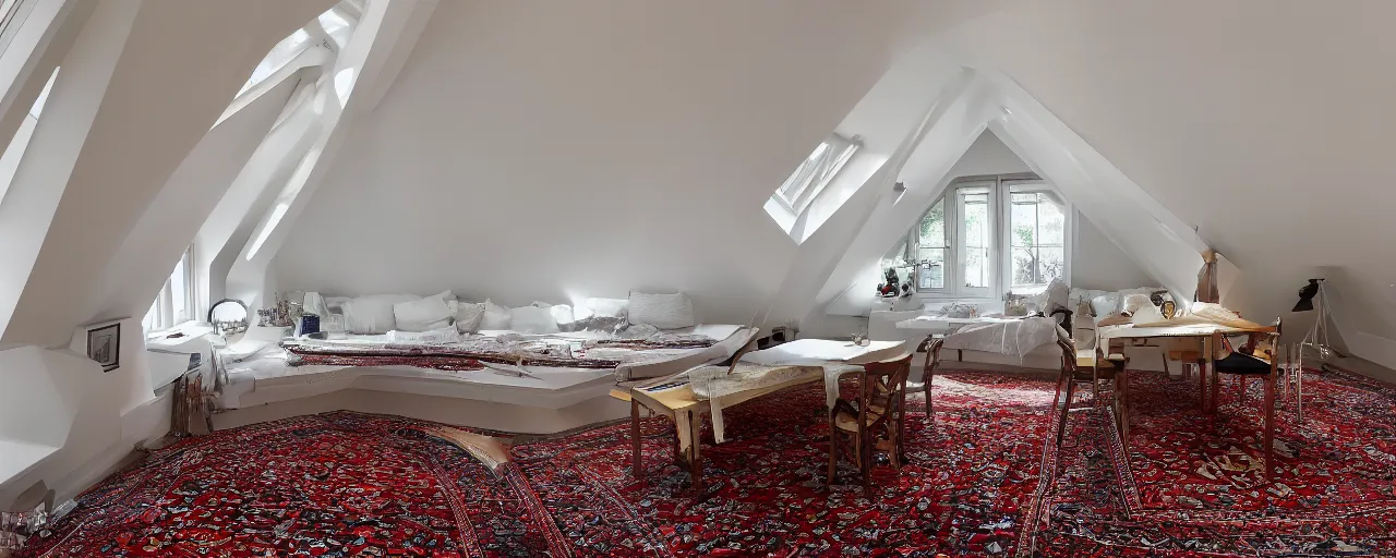 Prompt: 1.7 metre low attic, with matte white angled ceiling, with 2 rectangular windows opposing each other, with a large square window in the back right corner of the room, with exquisite turkish and persian rugs on the polished plywood floor, XF IQ4, 150MP, 50mm, F1.4, ISO 200, 1/160s, natural light