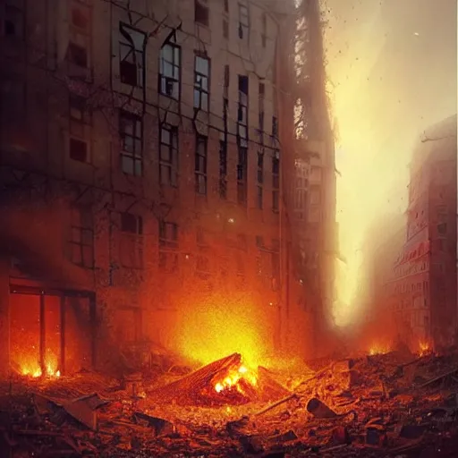 Image similar to city of munich destroyed by a meteor!!!, rubble!!, fires!!, a close view of a rabi in panic!!!, hyperrealistic, highly detailed, cinematic, foggy light from fires, beautiful, cgssociety, artstation, 8 k, oil painting by greg rutkowski, by artgerm, by wlop