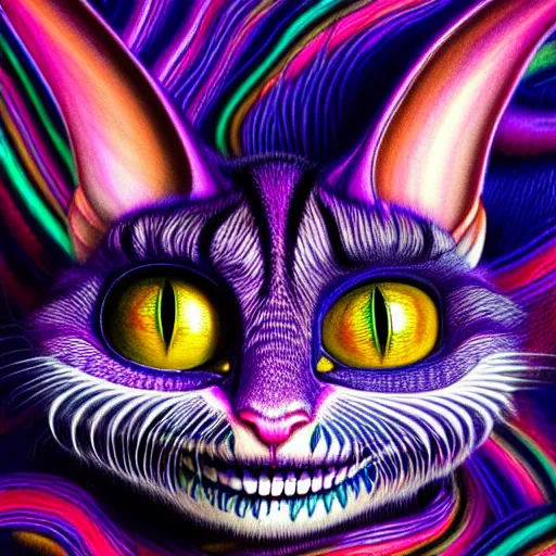 Image similar to An extremely psychedelic portrait of Cheshire Cat, surreal, LSD, face, detailed, intricate, elegant, lithe, highly detailed, digital painting, artstation, concept art, smooth, sharp focus, illustration