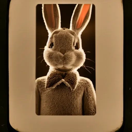 Image similar to Portrait of a bugs bunny, Expired Burned Film from 1930s, Softbox Lighting, Sigma 85mm Lens F/8