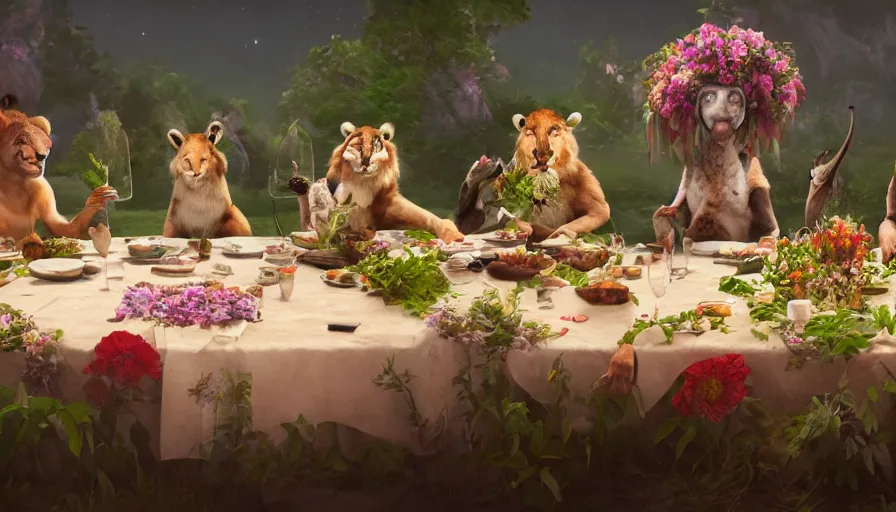 Image similar to a table dinner of exotic animals where animals are dressed like the characters from the midsommar movie wearing flowers, realistic detailed digital art by maxwell boas jessica rossier christian dimitrov anton fadeev trending on artstation cgsociety rendered in unreal engine 4 k hq