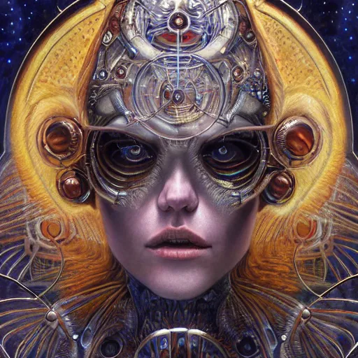 Image similar to realistic illustration of a beautiful rusted mechanical faerie queen with glowing eyes, moth wings with geometric patterns, reflective detailed textures, baroque dark fantasy science fiction painting by donato giancola and diego rivera and jean delville and michael whelan, silver and cool colors, artstation, octane render