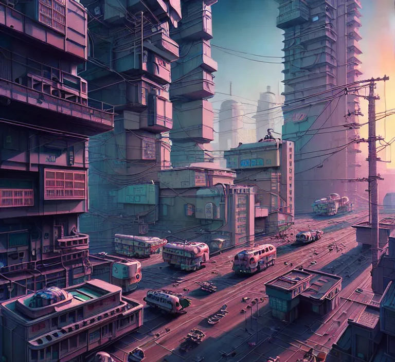 Image similar to hyperrealism photography hyperrealism concept art of highly detailed robotic builders that building highly detailed futuristic ( cyberpunk ) city by wes anderson and hasui kawase and scott listfield sci - fi style hyperrealism rendered in blender and octane render volumetric natural light