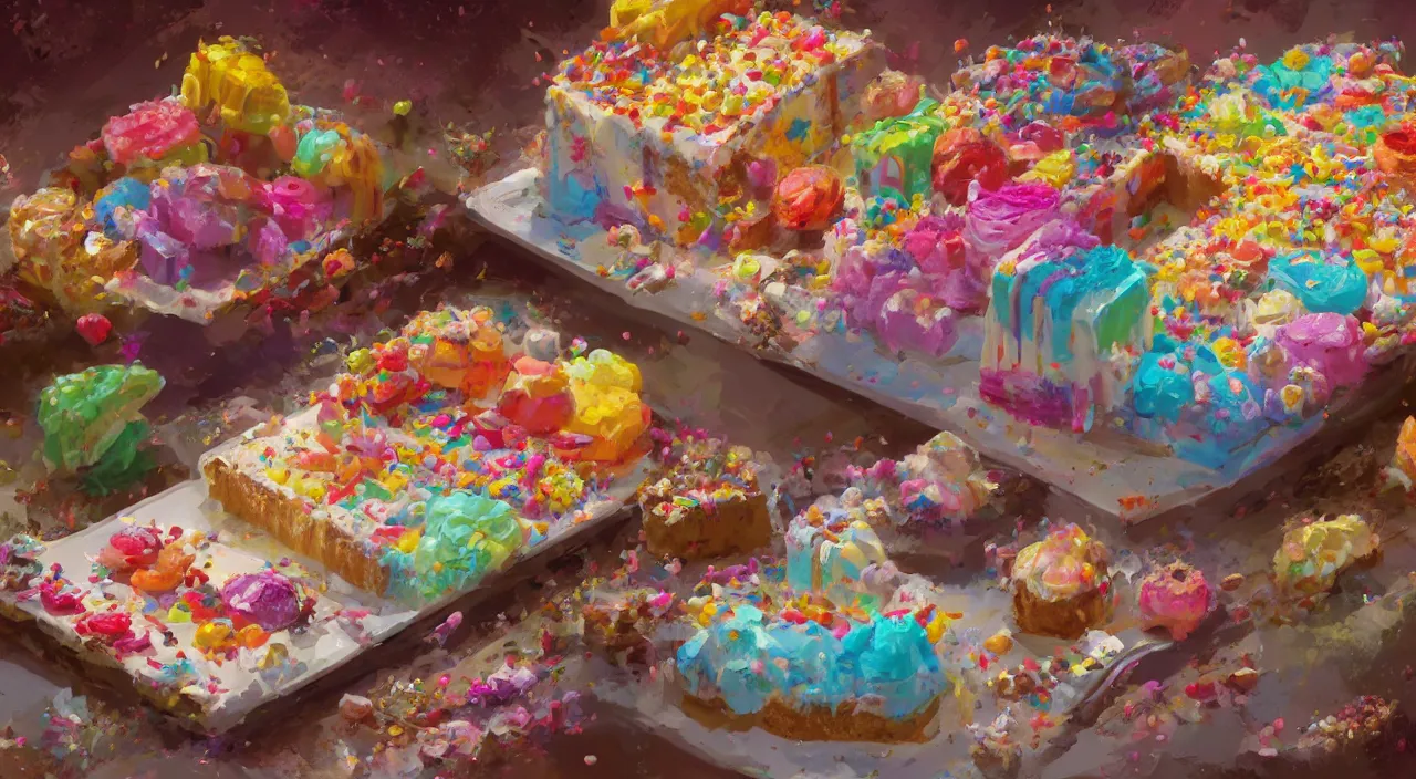 Image similar to a colorful digital painting of a cake with lots of sweets on it, by greg rutkowski and james gurney, trending on artstation