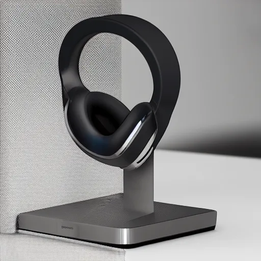 Image similar to wireless headphone stand, futuristic, techno, cyberpunk, product design, render, cute, swag, geometric, fun, iconic