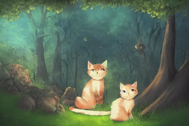 Image similar to cat in the forest, backlighting, digital art, trending on artstation, fanart, by kawacy