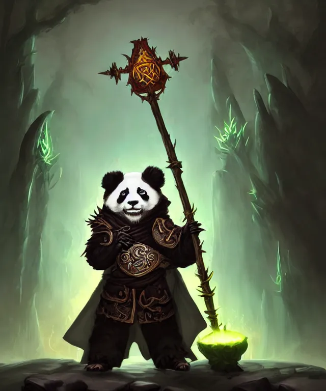 Image similar to a portrait an anthropomorphic panda warlock holding a staff, wearing warlock robes with spiked shoulders, landscape in background, dnd character art portrait, world of warcraft style, by peter mohrbacher, cinematic lighting