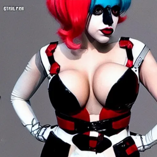 Image similar to lady gaga as harley quinn, insane details, thicc body, skintight outfit, movie poster