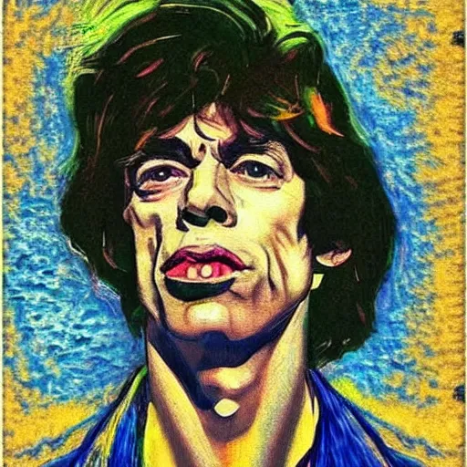 Image similar to an artistic portrait of mick jagger, attractive, rock star, high quality, studio photography, colorful, hero, heroic, beautiful, in the style of vincent van gogh