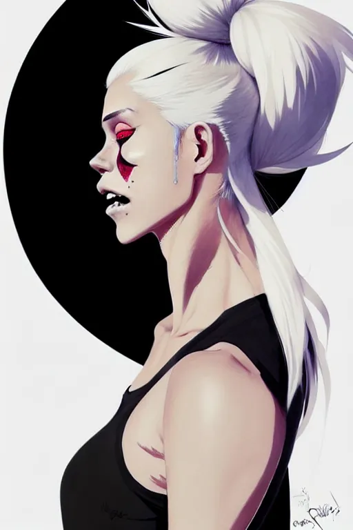 Image similar to a ultradetailed beautiful full body painting of a stylish woman in with white hair in a ponytail, she is wearing a black tank top, by conrad roset, greg rutkowski and makoto shinkai trending on artstation