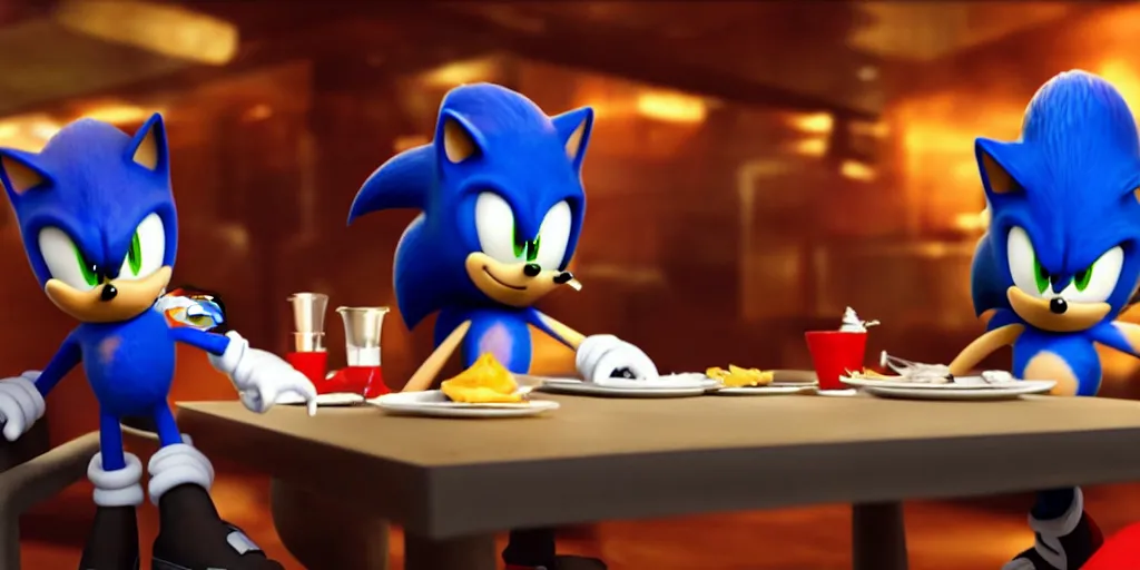 Prompt: A render of Sonic the Hedgehog sitting across from Shadow the Hedgehog in a dark restaurant, Sonic looks like he is shocked, Shadow is looking away in disgust, they both have hamburgers in front of them on a plate, movie, HDR, moody lighting, unique camera angle from the end of the table and between the two of them, orange candle lighting is glowing on their faces, romantic scene