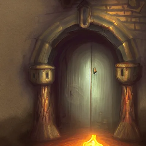 Image similar to hidden door in a secret crypt. undergound, firelight, illustration, concept art