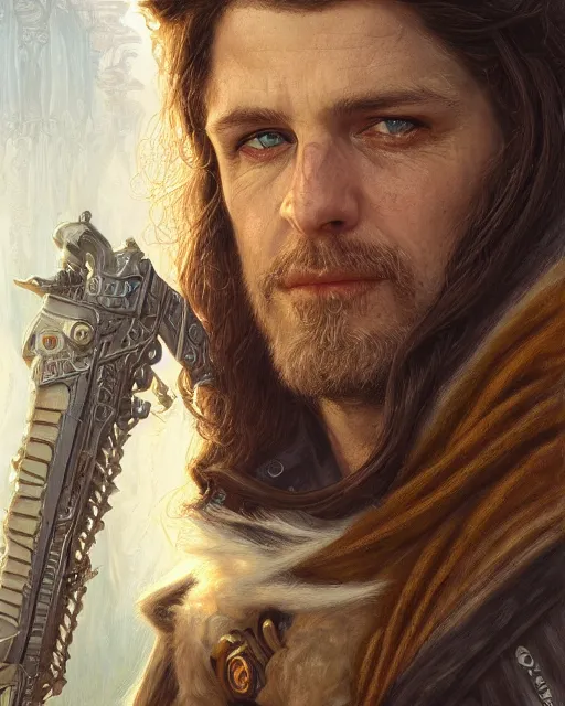 Prompt: white male rogue bard portrait, highly detailed, very intricate, symmetrical, cinematic lighting, closeup painted portrait, by donato giancola and mandy jurgens and magali villenueve, featured on artstation