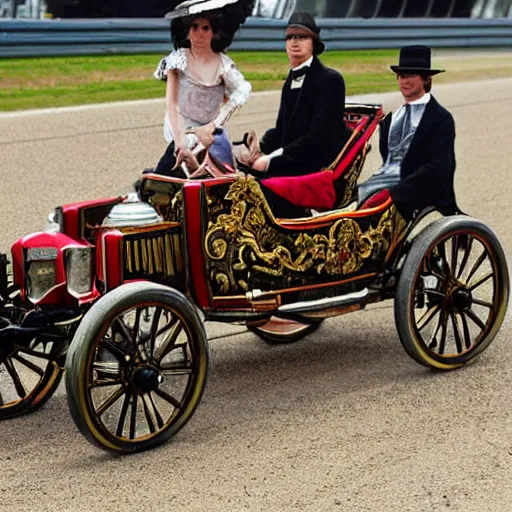 Image similar to lady catherine de bourgh drives her barouche box on the formula 1 circuit of le mans. cinematic, technicolor, highly intricate