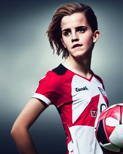 Image similar to a portrait of emma watson as a lokomotiv football player, hyper realistic