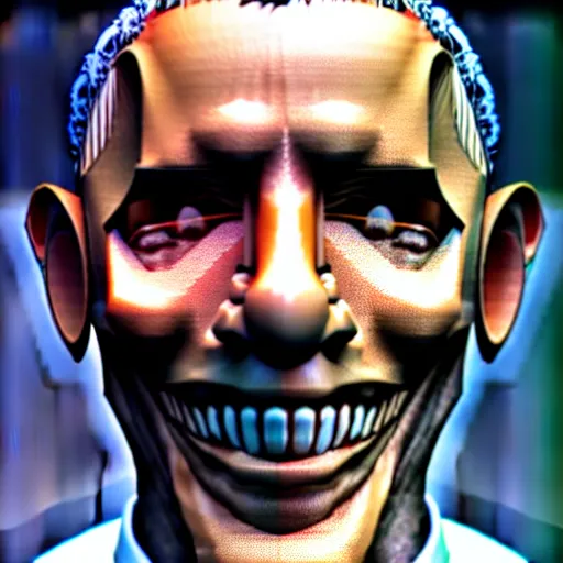 Prompt: Barack Obama smiling, dreamlike, horror, intricate detail, 3d render, octane render, god rays, depth of field, trending on artstation, 4k, hd