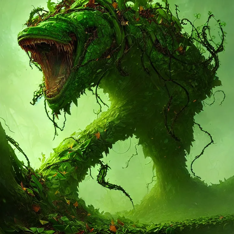 Prompt: a green creature made of leaves and vines bursting out of the ground ready to attack; detailed, best on artstation, raymond swanland, magic the gathering, epic, stunning, masterpiece