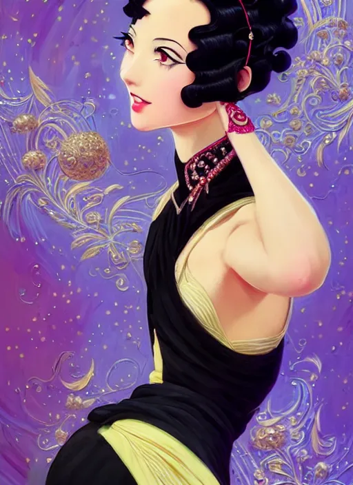 Image similar to a beautiful dancer with black hair in 1930's fashion, ballroom background, intricate, highly detailed, digital painting, artstation, official media, anime key visual, concept art, rich vivid colors, ambient lighting, sharp focus, illustration, art by Artgerm, Makoto Shinkai, Ilya Kuvshinov, Lois Van Baarle, and Rossdraws