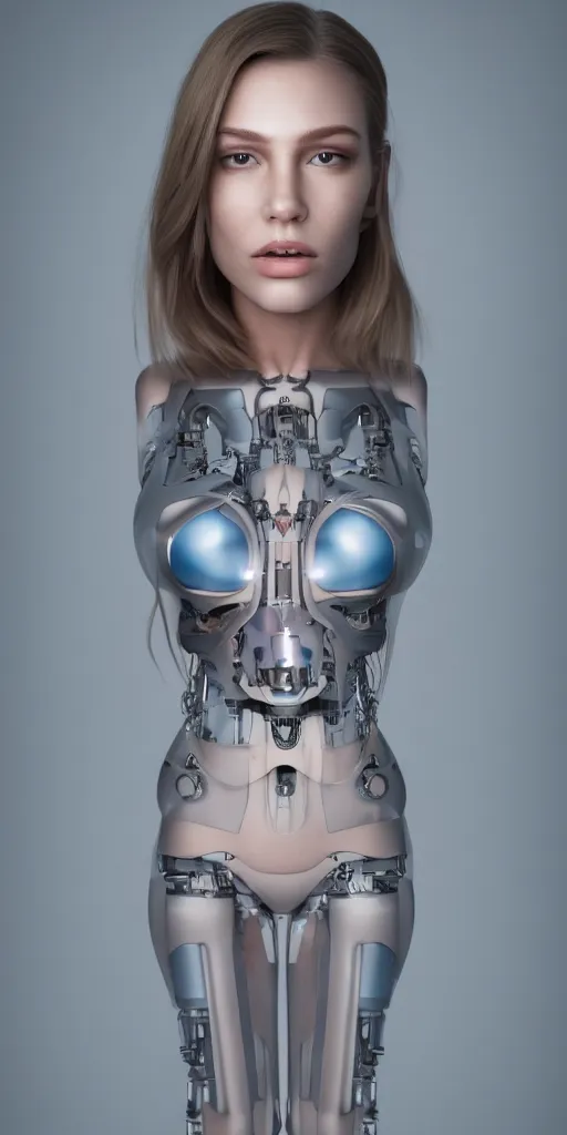 Prompt: Masterpiece full body portrait of a beautiful female cyborg with a beautiful face and flawless skin, parts of her body are made of transparent plastic, in a surreal dream landscape, eerie fog, cinematic lighting, 8k