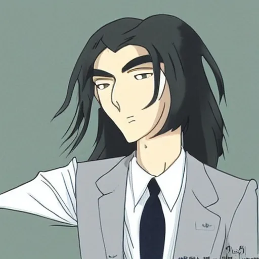 Image similar to an evil corporation ceo with gray long hair and a smirk, by ghibli