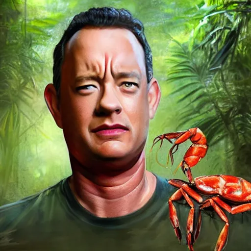 Prompt: Tom Hanks as forrest gump sitting on a giant shrimp in the jungle, realistic digital painting, in the style of Aleksi Briclot, photoreailstic, realistic face, amazing detail, sharp