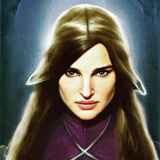 Image similar to a still from “ lord of the rings ” of a head and shoulders portrait of natalie portman as a female elf wizard, comic book cover photo by phil noto