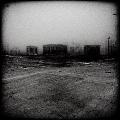 Image similar to “a city lost to time, empty, overgrown, desolate, foggy, atmospheric, subtle horror”