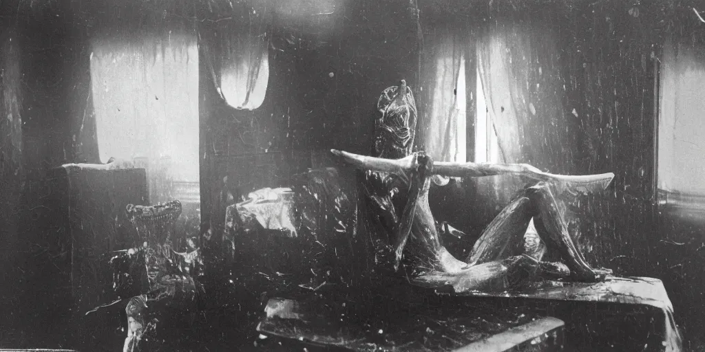 Prompt: mothman is sitting inside a luxurious room, wet version of photography, 1 9 0 0 s