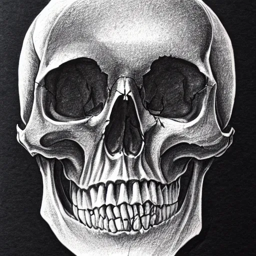 Prompt: a human skull, beautiful ink drawing, pen on paper, by alphonso dunn and rick shaefer, award winning, trending on artstation