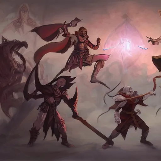 Prompt: dungeons and dragons fantasy painting, finger pointing and angry gestures, allies who long spoke in one voice now squabble over petty differences leaders in different styles of dress gesturing angrily across a council table, anime inspired by krenz cushart, evening lighting, by brian froud jessica rossier and greg rutkowski