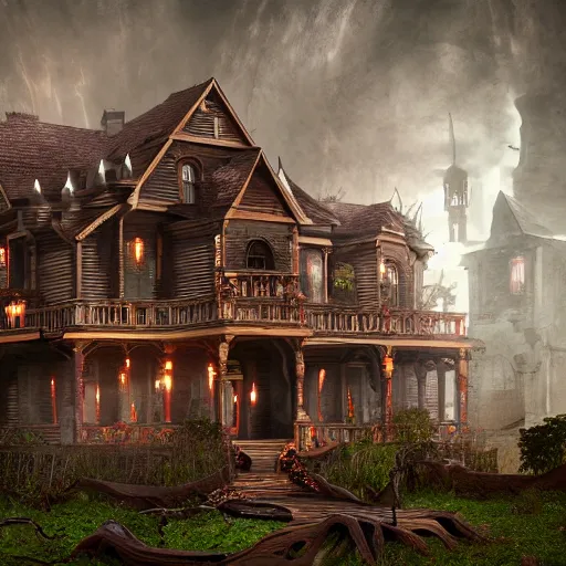 Image similar to spooky House party, Fantasy Hyper detailed digital matte painting, concept art, hyperrealism, Cinema 4D, 8k resolution, 64 megapixels, coherent, bokeh, CGSociety, ZBrush Central, behance HD, hypermaximalist, a masterpiece, 4K