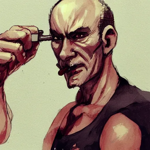 Prompt: concept art for a balding middle - aged character wearing a singlet while smoking, by dustin nguyen, akihiko yoshida, greg tocchini, trending on artstation, 8 k